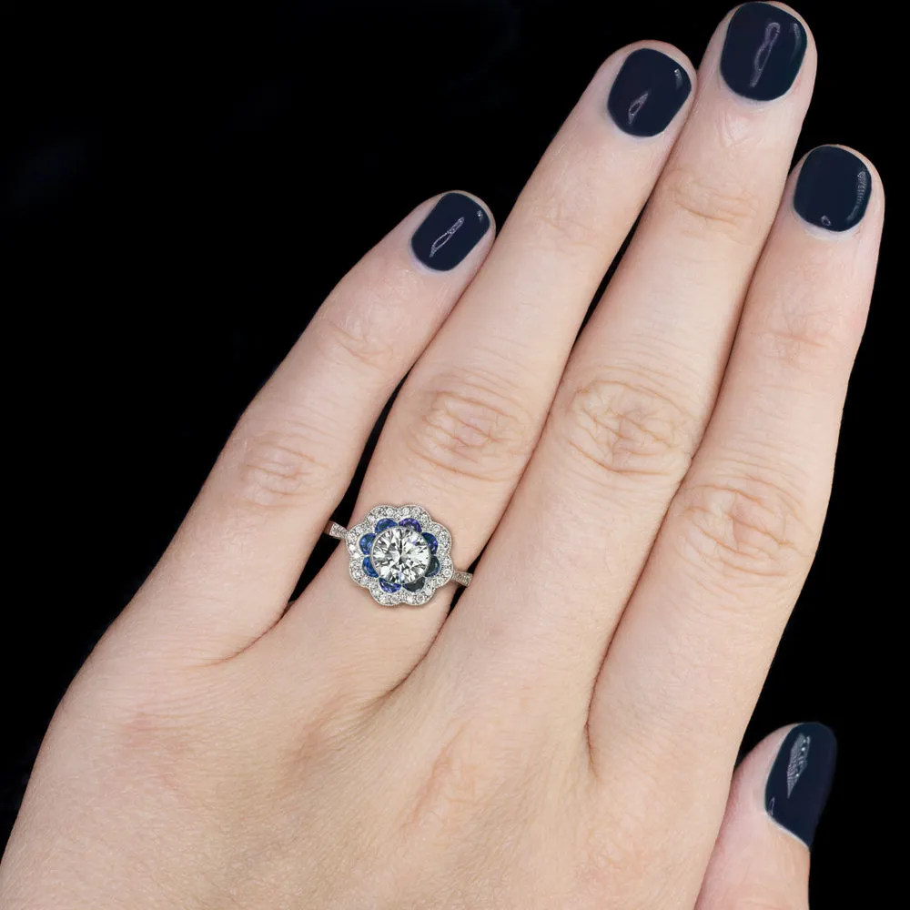 1 CARAT GIA CERTIFIED H SI2 DIAMOND SAPPHIRE COCKTAIL RING VINTAGE STYLE FLORAL