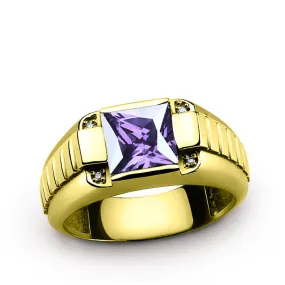 10K Mens Gold Ring with Genuine Diamonds and Amethyst, Purple Gemstone Ring for Men