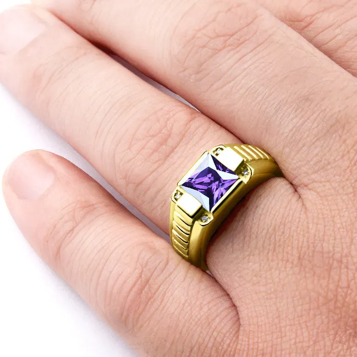 10K Mens Gold Ring with Genuine Diamonds and Amethyst, Purple Gemstone Ring for Men