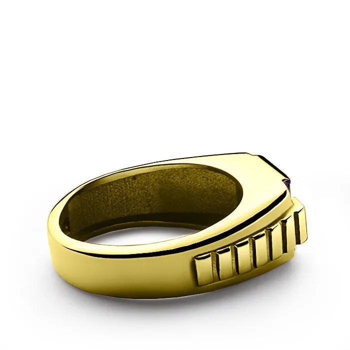 10K Mens Gold Ring with Genuine Diamonds and Amethyst, Purple Gemstone Ring for Men