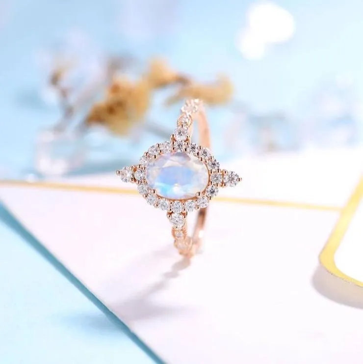 14K Rose Gold Moonstone and Diamond Halo Engagement Ring