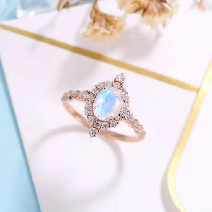 14K Rose Gold Moonstone and Diamond Halo Engagement Ring