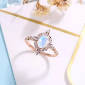 14K Rose Gold Moonstone and Diamond Halo Engagement Ring