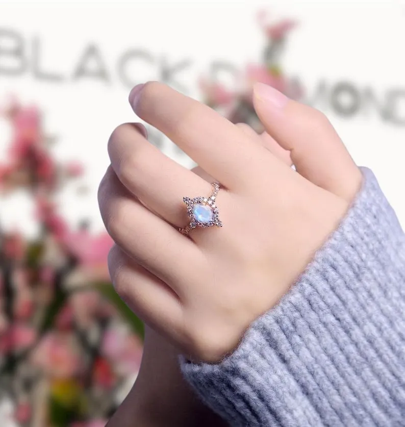 14K Rose Gold Moonstone and Diamond Halo Engagement Ring