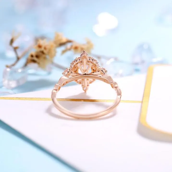 14K Rose Gold Moonstone and Diamond Halo Engagement Ring