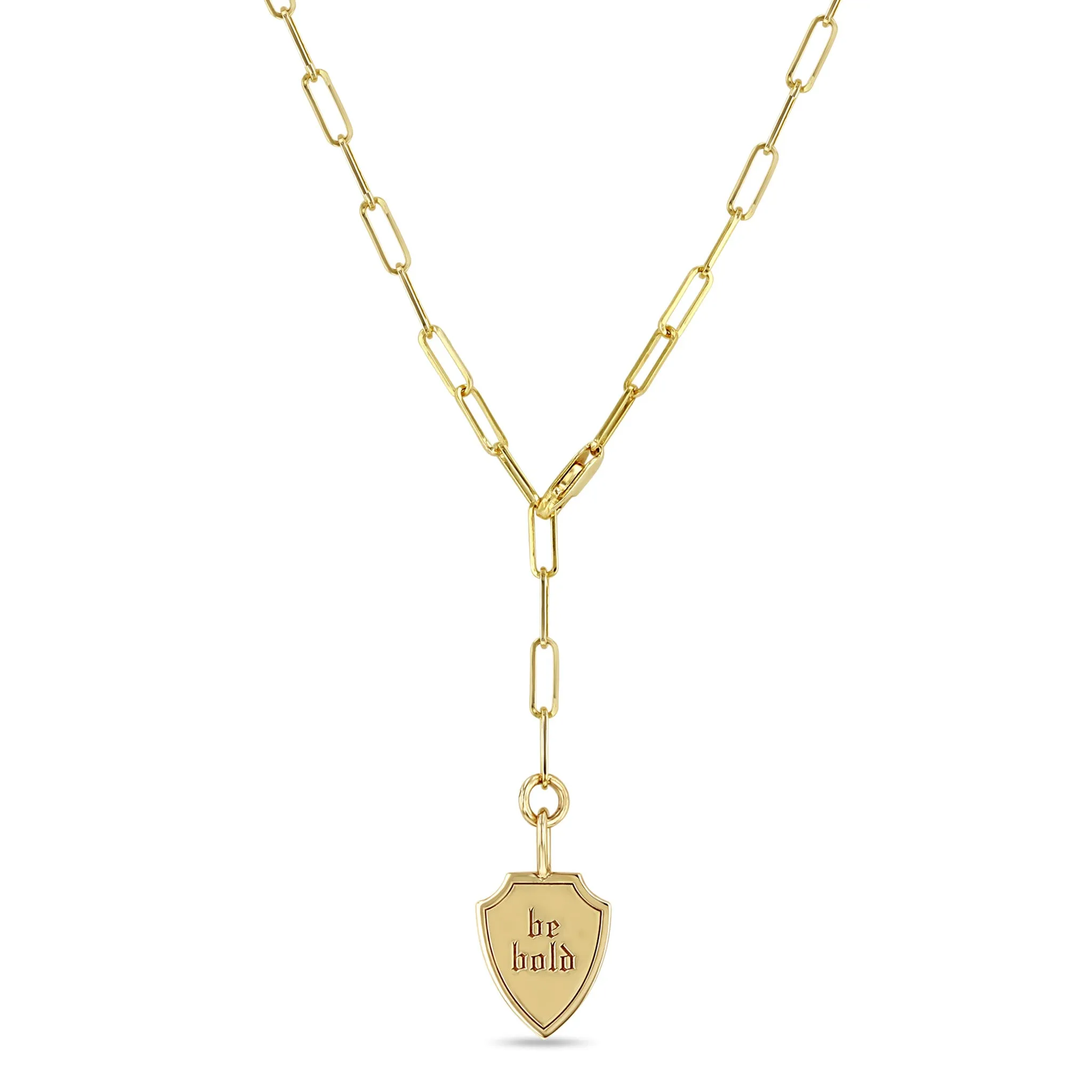 14k Small "be bold" Shield Necklace on Adjustable Paperclip Chain