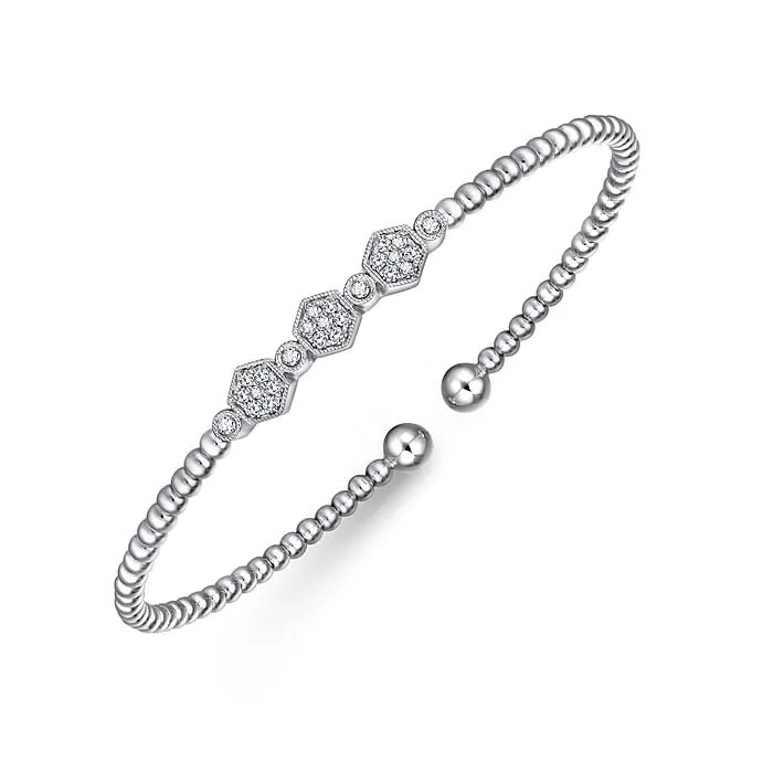 14K White Gold Bujukan Bead and Hexagon Cluster Diamond Bangle