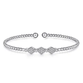 14K White Gold Bujukan Bead and Hexagon Cluster Diamond Bangle