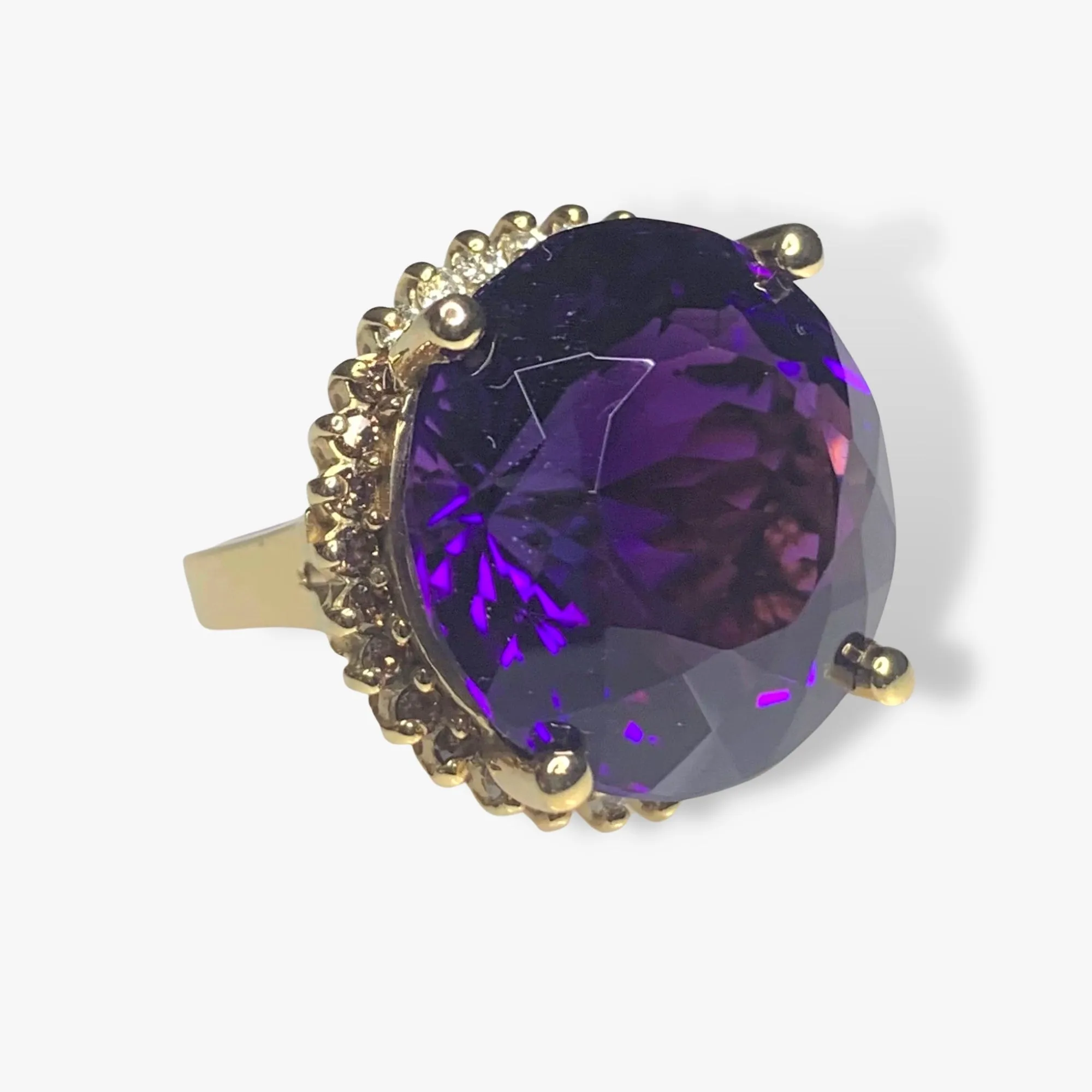 14k Yellow Gold Round Amethyst and Diamond Halo Vintage Cocktail Ring