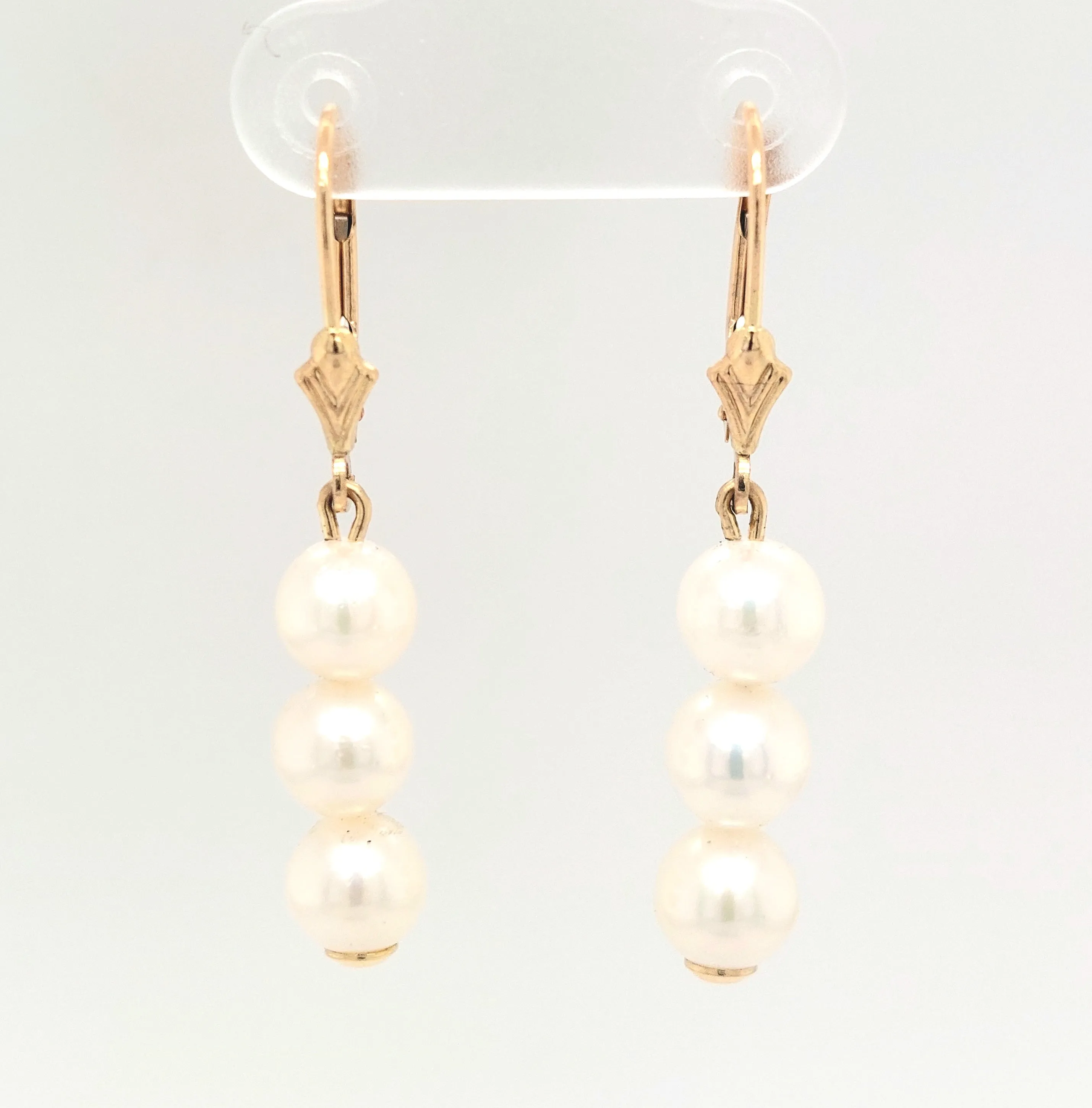 14KY AAA Freshwater Triple Dangle Pearl Earrings with Lever-Backs