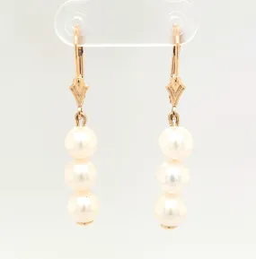 14KY AAA Freshwater Triple Dangle Pearl Earrings with Lever-Backs