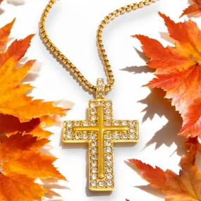 18K Gold-Plated Stainless Steel Cross Pendant Necklace with Cubic Zirconia - Elegant Design for Everyday Wear