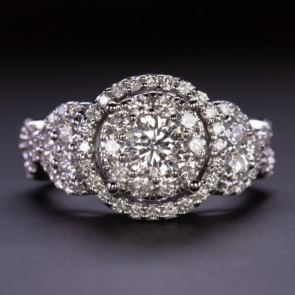 2ct BIG DIAMOND COCKTAIL RING TRIPLE HALO ILLUSION CLUSTER NATURAL WHITE GOLD