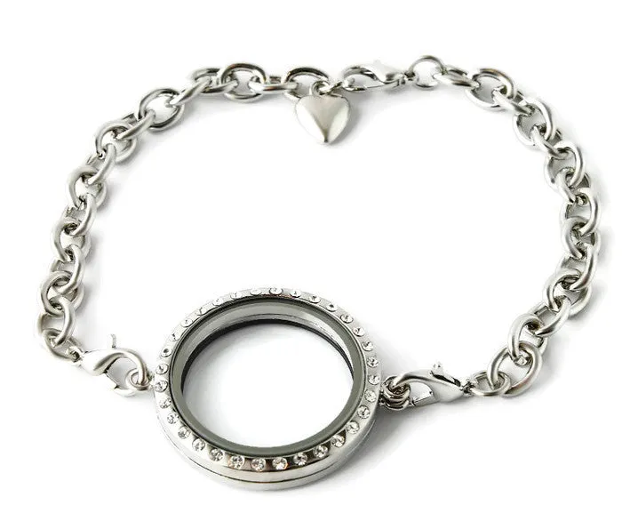 30mm CZ Round Stainless Steel Floating Charm Locket Bracelet -With Security Clasp