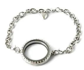 30mm CZ Round Stainless Steel Floating Charm Locket Bracelet -With Security Clasp