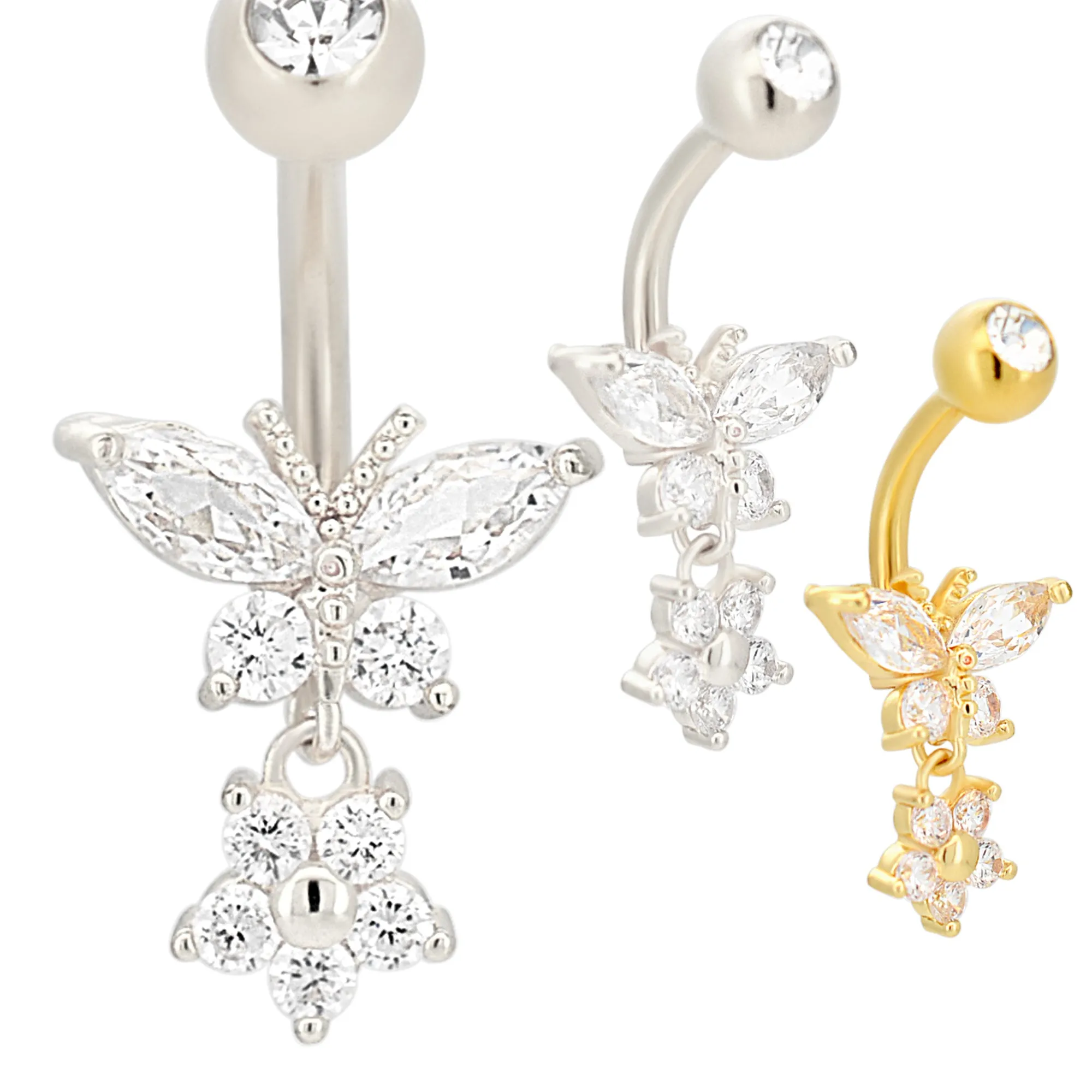 316L Stainless Steel Dangling Butterfly with Flower Design Belly Ring
