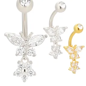 316L Stainless Steel Dangling Butterfly with Flower Design Belly Ring