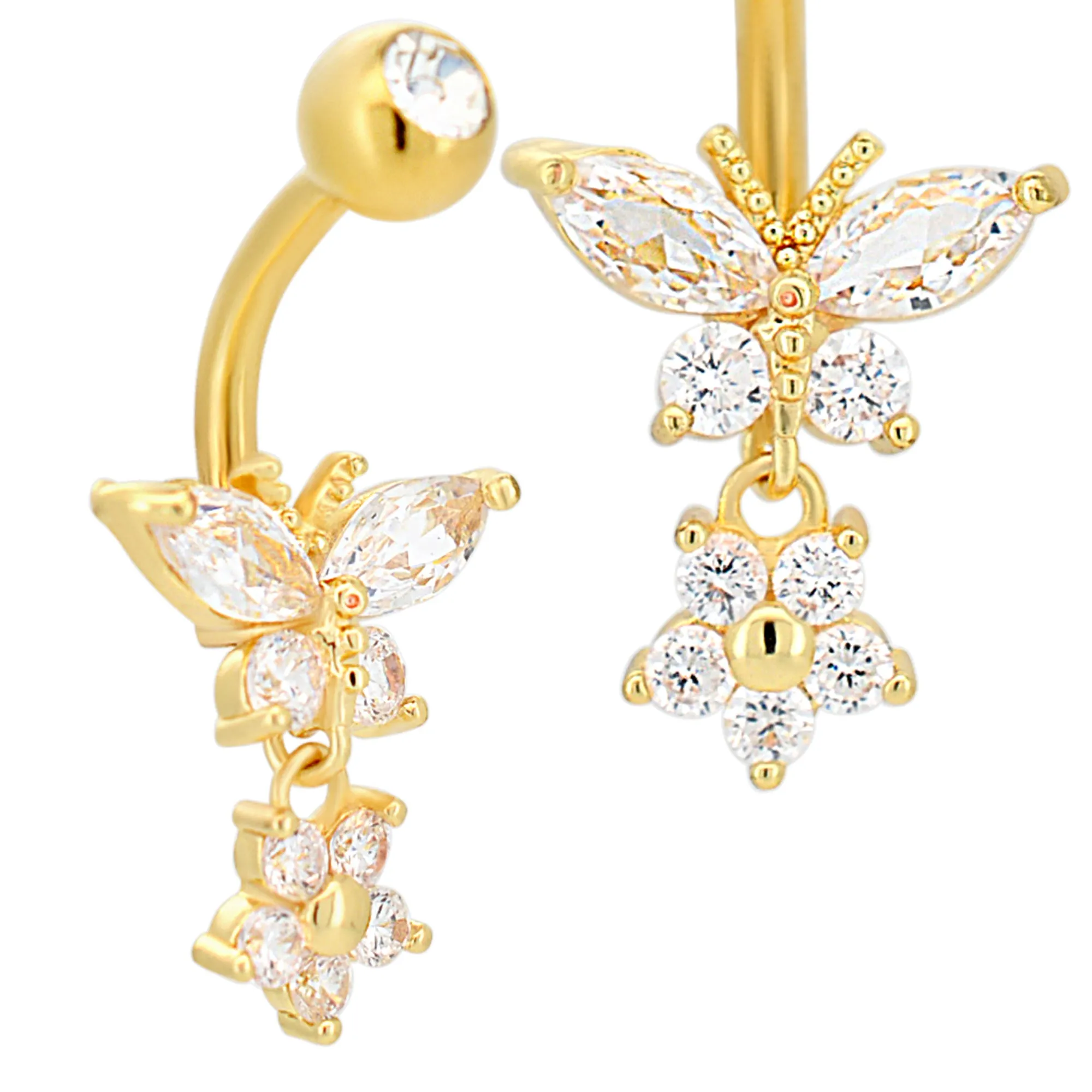 316L Stainless Steel Dangling Butterfly with Flower Design Belly Ring