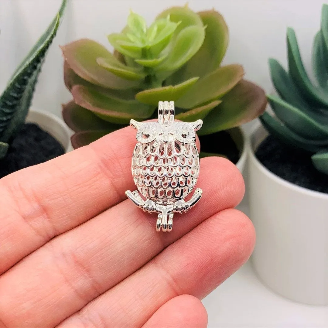 4 or 20 Pieces: Silver Plated Owl Bead Diffuser Lockets