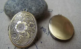 4 pcs Flower Locket Antique Bronze Oval Photo Locket Pendant A3621