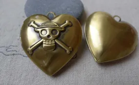 4 pcs of Antique Bronze Brass Pirate Heart Photo Locket  A7008
