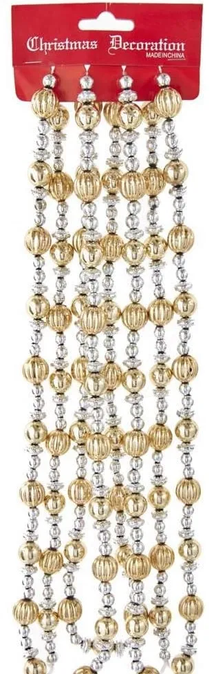 9' Hand-Strung Shiny Silver and Gold Beaded Garland
