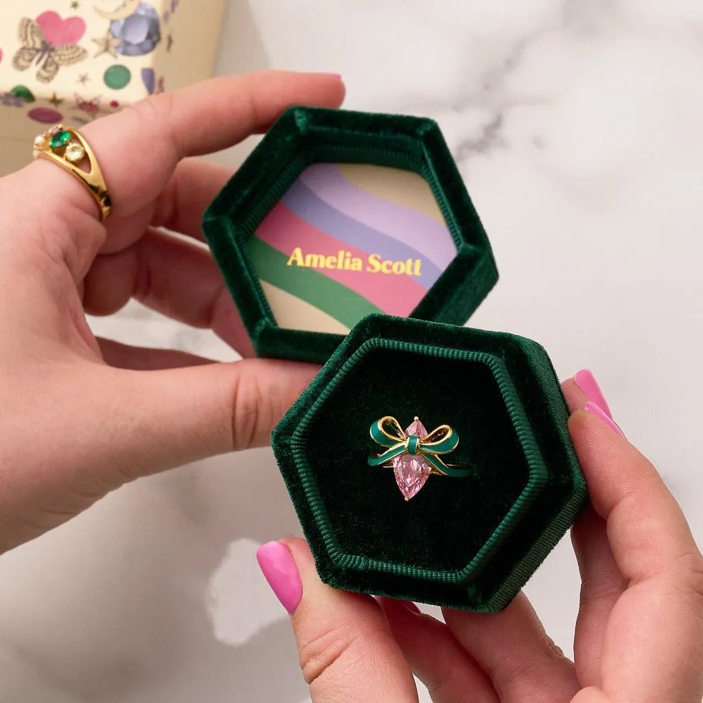 Amelia Bow Ring Emerald Green Enamel, Pink CZ Gold