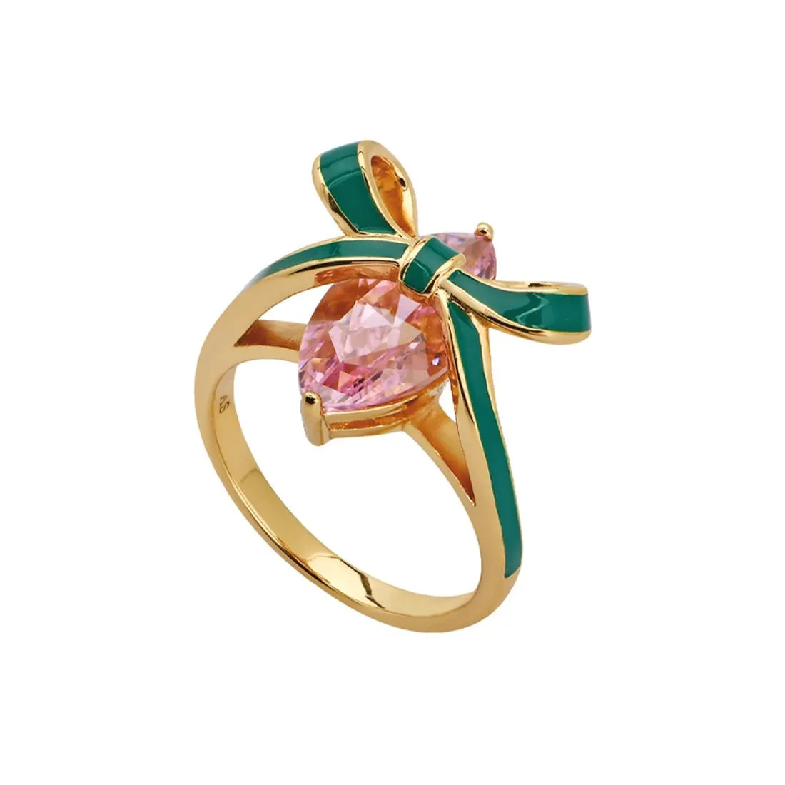 Amelia Bow Ring Emerald Green Enamel, Pink CZ Gold