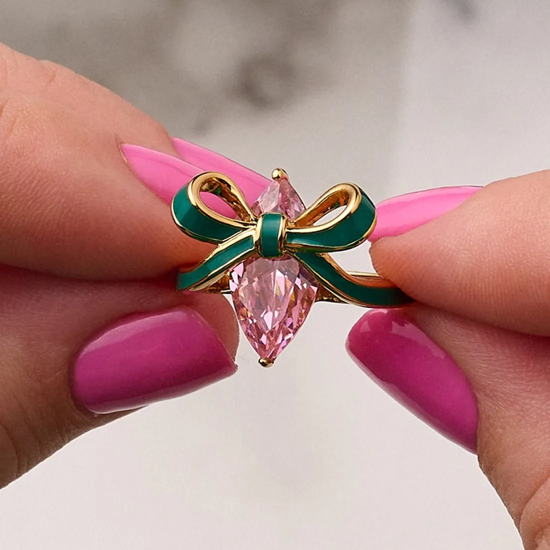Amelia Bow Ring Emerald Green Enamel, Pink CZ Gold