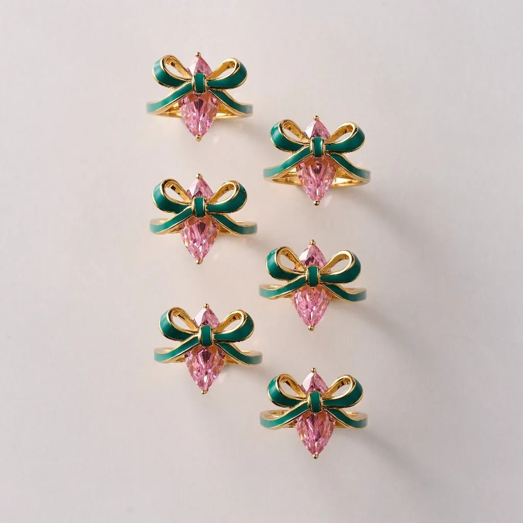 Amelia Bow Ring Emerald Green Enamel, Pink CZ Gold