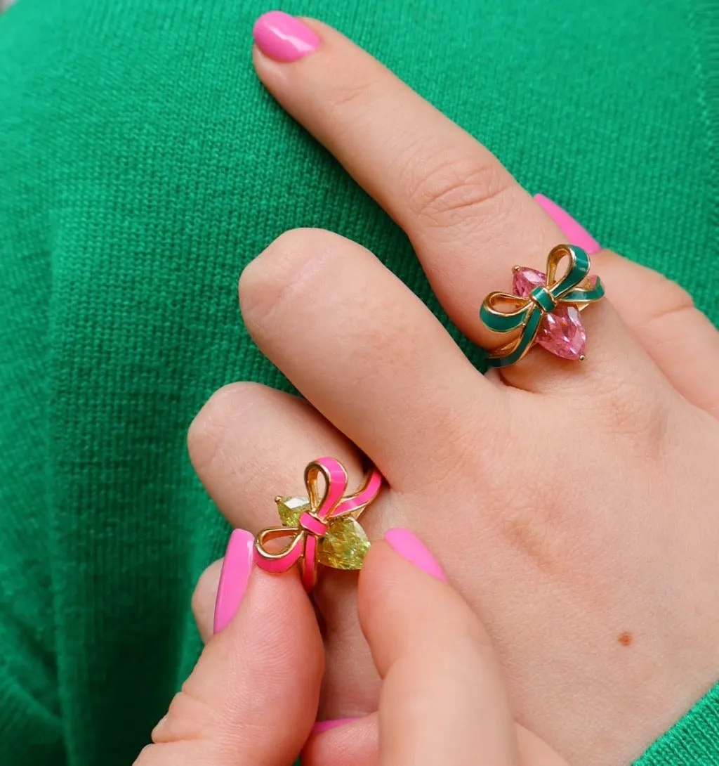 Amelia Bow Ring Emerald Green Enamel, Pink CZ Gold