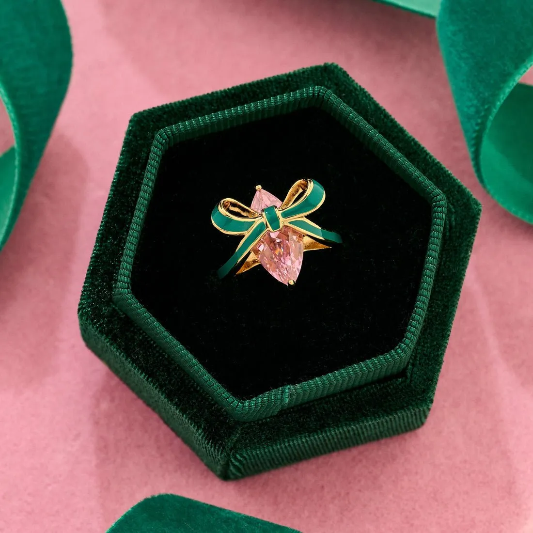 Amelia Bow Ring Emerald Green Enamel, Pink CZ Gold