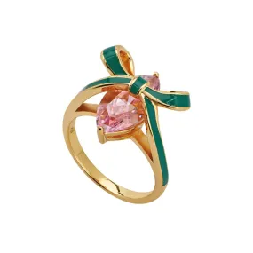 Amelia Bow Ring Emerald Green Enamel, Pink CZ Gold