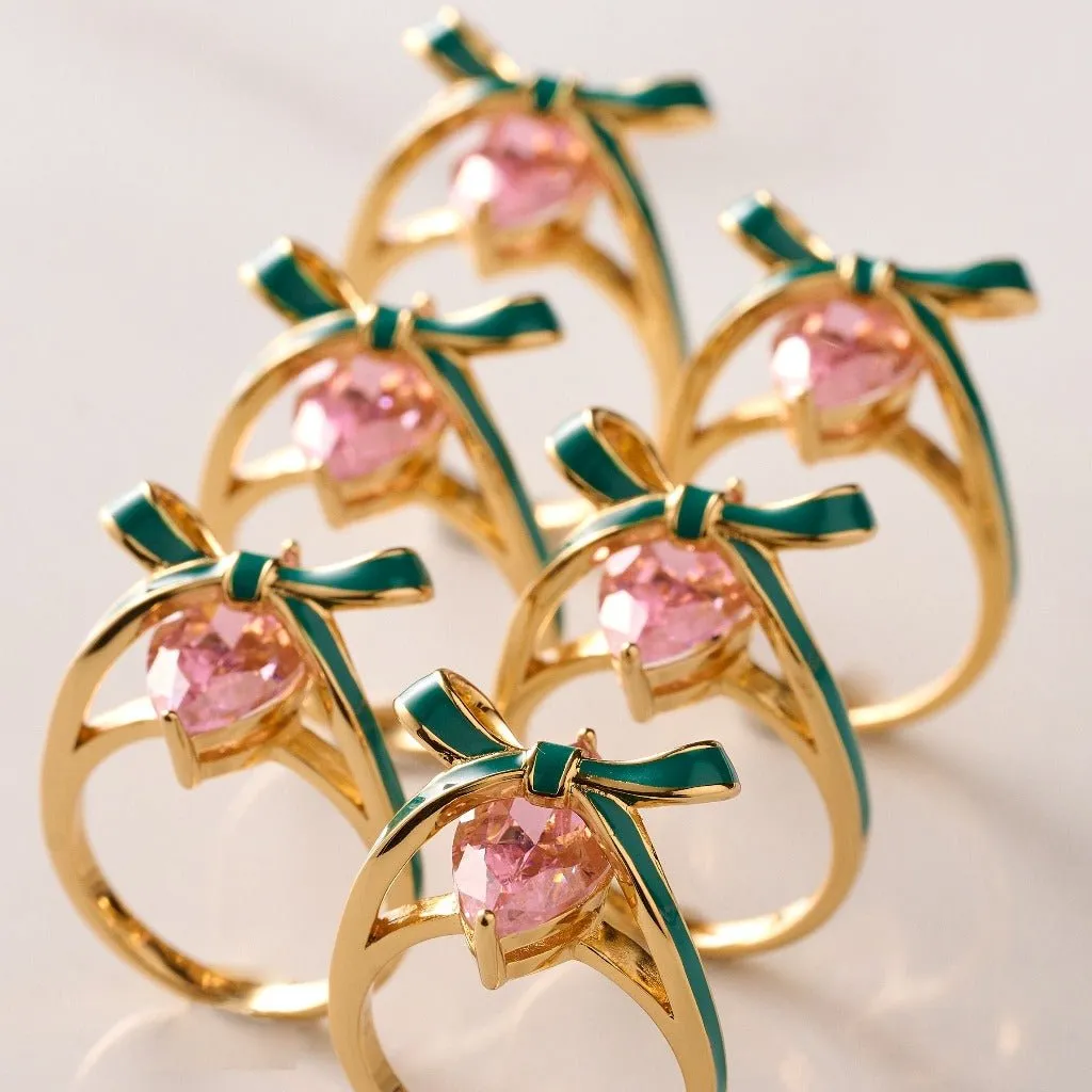 Amelia Bow Ring Emerald Green Enamel, Pink CZ Gold