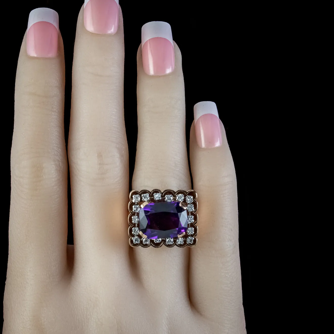 Art Deco French Amethyst Diamond Cocktail Ring 10ct Amethyst Circa 1930