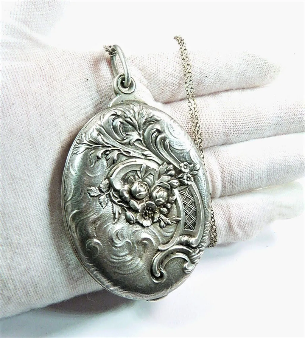 Art Nouveau Hallmarked Silver Locket Pendant With 24 Inch Sterling Silver Necklace 1900s