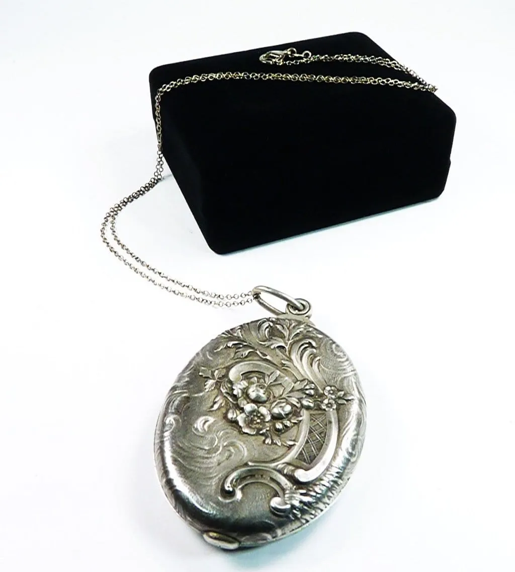 Art Nouveau Hallmarked Silver Locket Pendant With 24 Inch Sterling Silver Necklace 1900s
