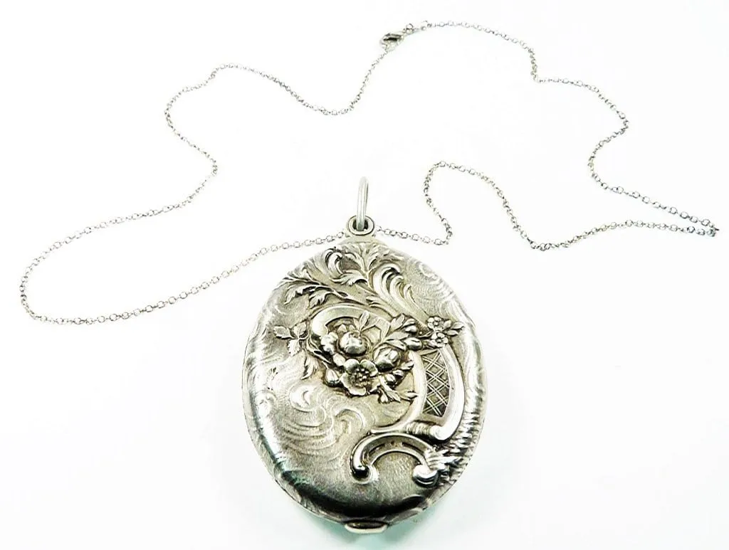 Art Nouveau Hallmarked Silver Locket Pendant With 24 Inch Sterling Silver Necklace 1900s