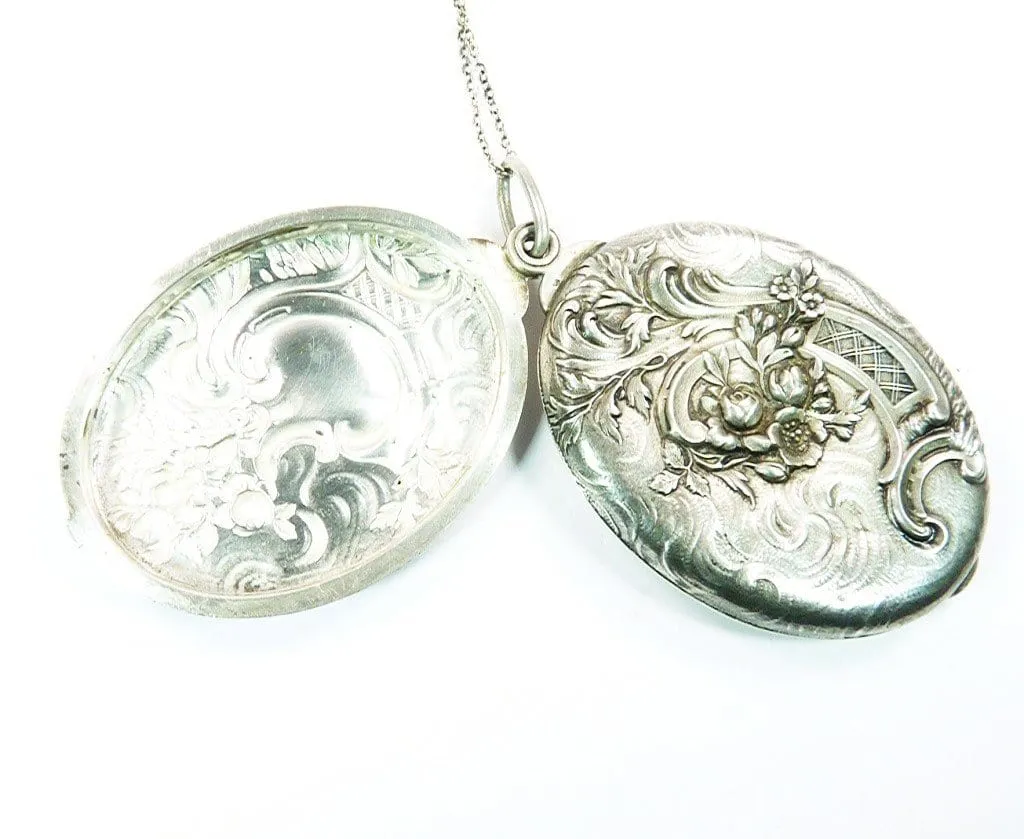 Art Nouveau Hallmarked Silver Locket Pendant With 24 Inch Sterling Silver Necklace 1900s