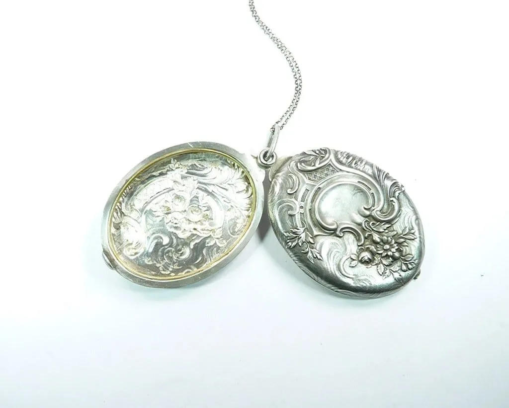 Art Nouveau Hallmarked Silver Locket Pendant With 24 Inch Sterling Silver Necklace 1900s