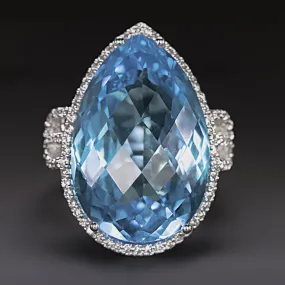 BLUE TOPAZ DIAMOND COCKTAIL RING BIG STATEMENT 18k WHITE GOLD PEAR SHAPE NATURAL