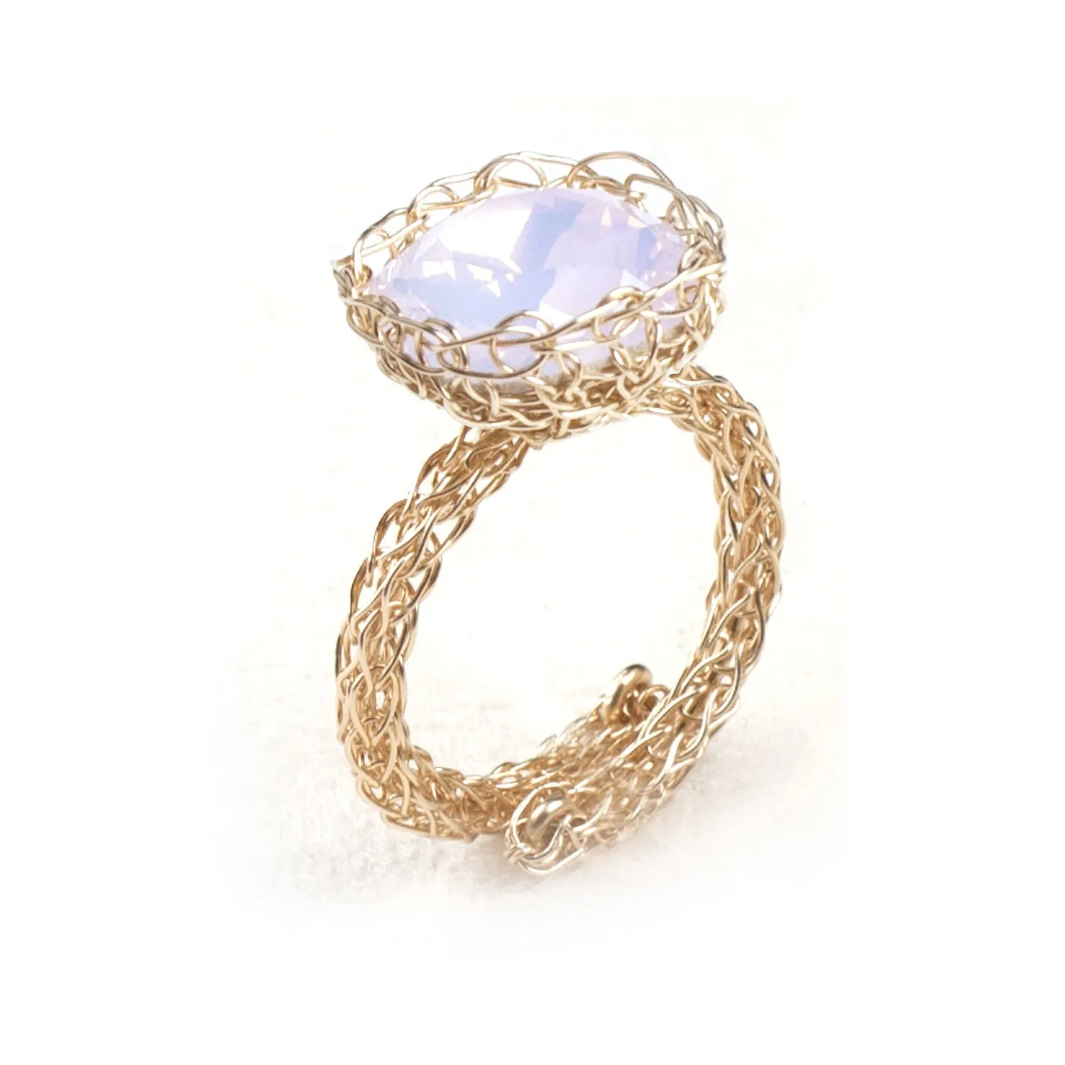 Cocktail Ring , Rose Swarovski Crystal , Wire Crochet Ring , Adjustable Ring