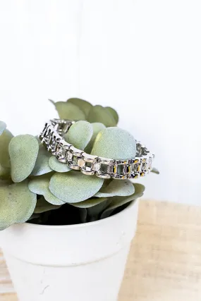 Crystal Avenue Silvertone Panther Brick Link Chain Bracelet