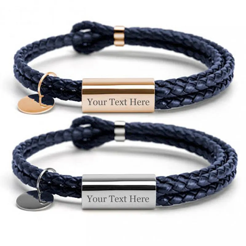 Custom Couple Bracelet, 2 PCS Personalized Engraved Double Woven Leather Bracelet for Him/Her