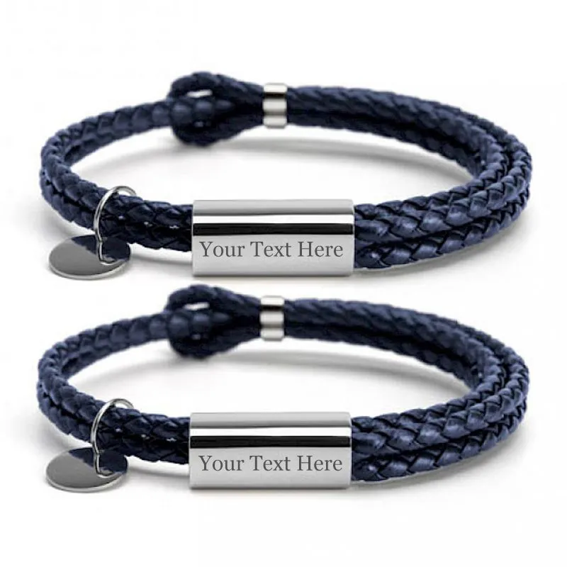 Custom Couple Bracelet, 2 PCS Personalized Engraved Double Woven Leather Bracelet for Him/Her