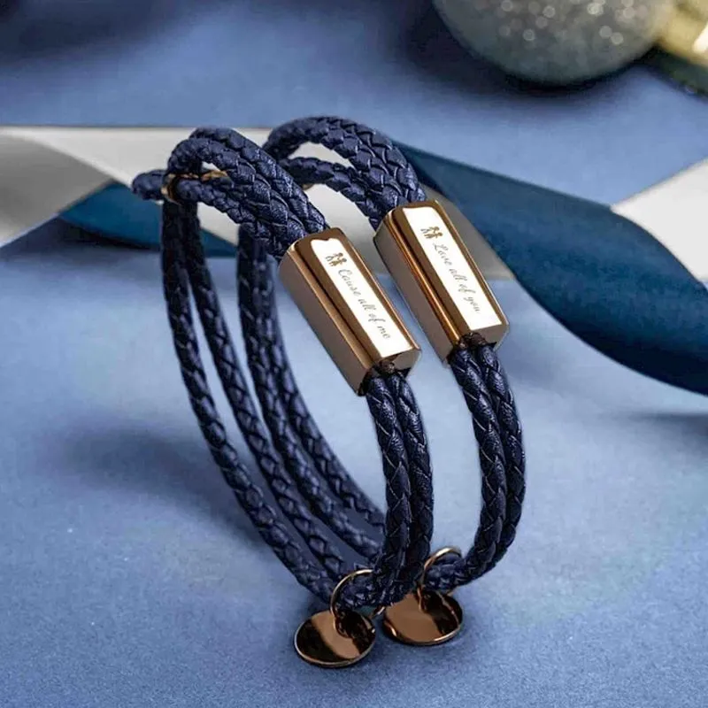 Custom Couple Bracelet, 2 PCS Personalized Engraved Double Woven Leather Bracelet for Him/Her