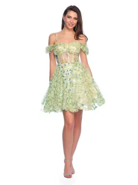 Dave & Johnny 11767 Size 0,6,12 Green Print Short Ruffle Homecoming Dress Sheer Corset off the shoulder Cocktail Gown
