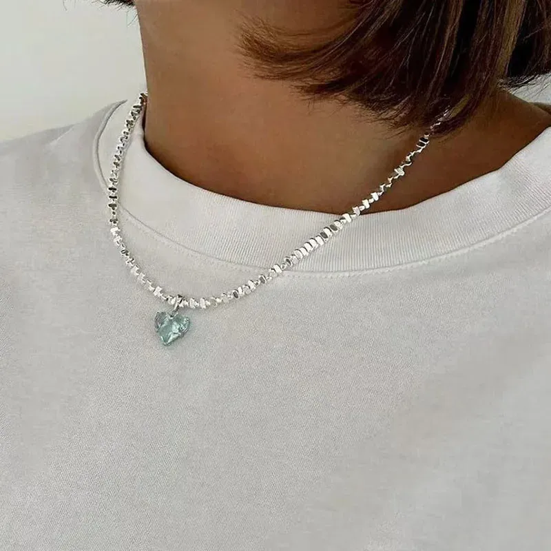 Design Exaggerated Irregular CCB Beads Chain Necklace With Crystal Heart Pendant for Women