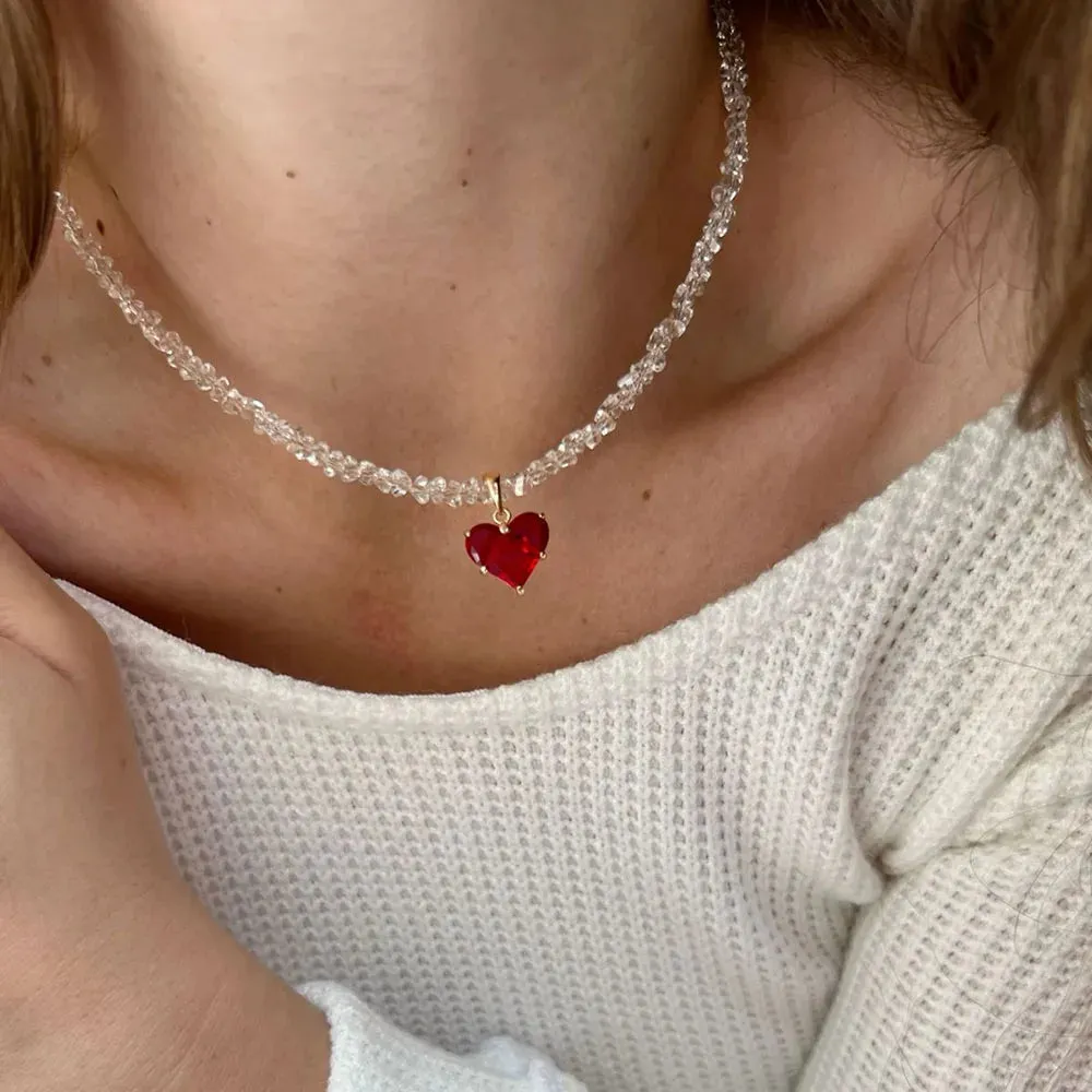 Design Exaggerated Irregular CCB Beads Chain Necklace With Crystal Heart Pendant for Women