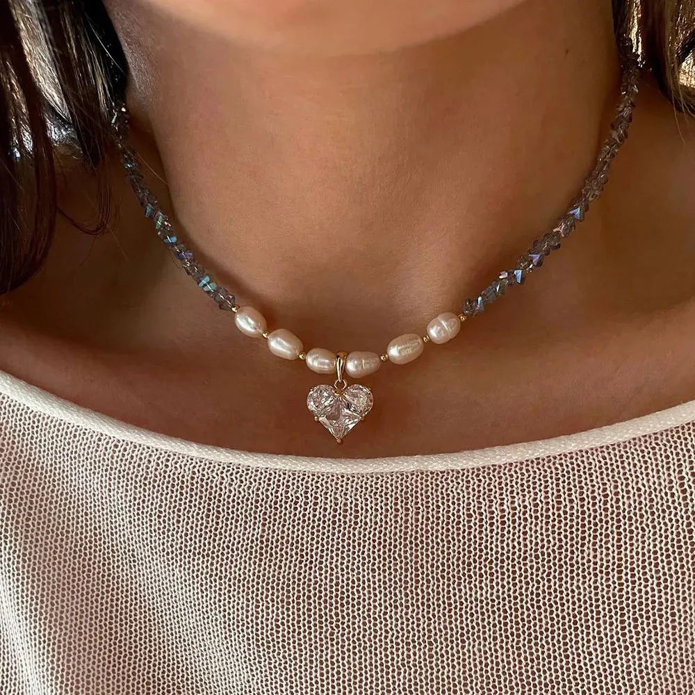 Design Exaggerated Irregular CCB Beads Chain Necklace With Crystal Heart Pendant for Women